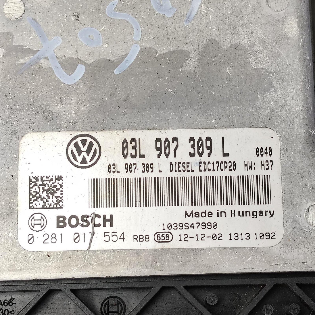 VOLKSWAGEN TRANSPORTER ECU ENGINE ECU, 2.0, DIESEL, MANUAL T/M, P/N 03L907309M, 