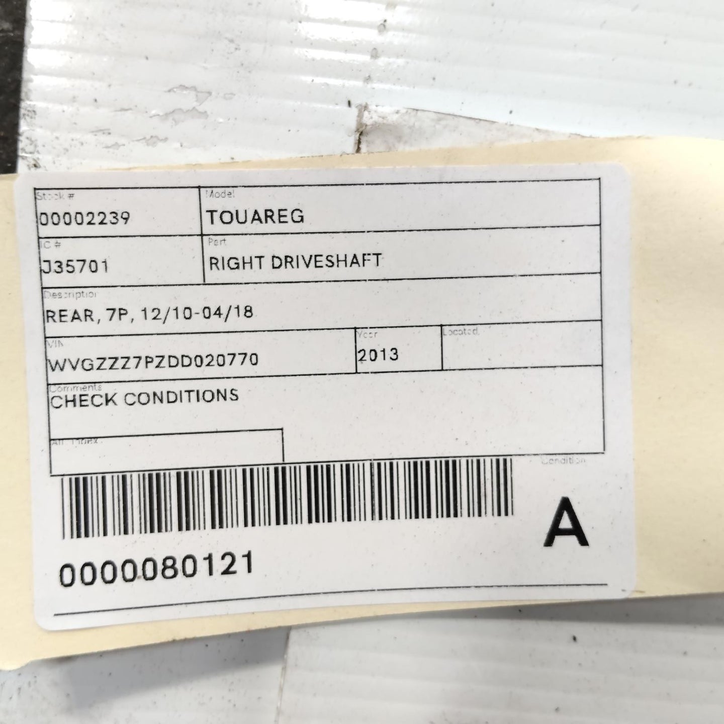 VOLKSWAGEN TOUAREG RIGHT DRIVESHAFT REAR, 7P, 12/10-04/18 10 11 12 13 14 15 16 1