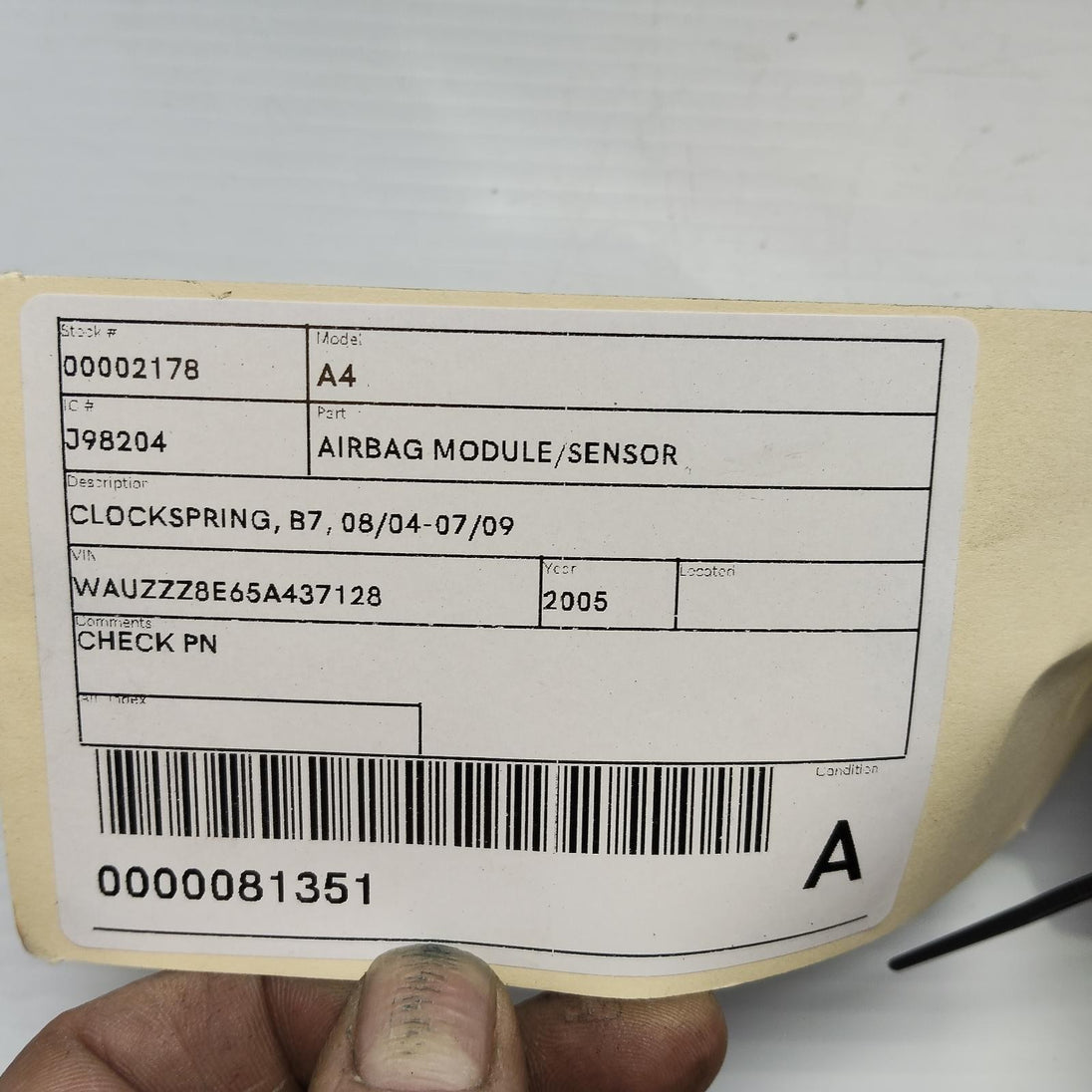 AUDI A4 A/ BAG MODULE/SENSOR CLOCKSPRING, B7, 4E0953541A 08/04-07/09 