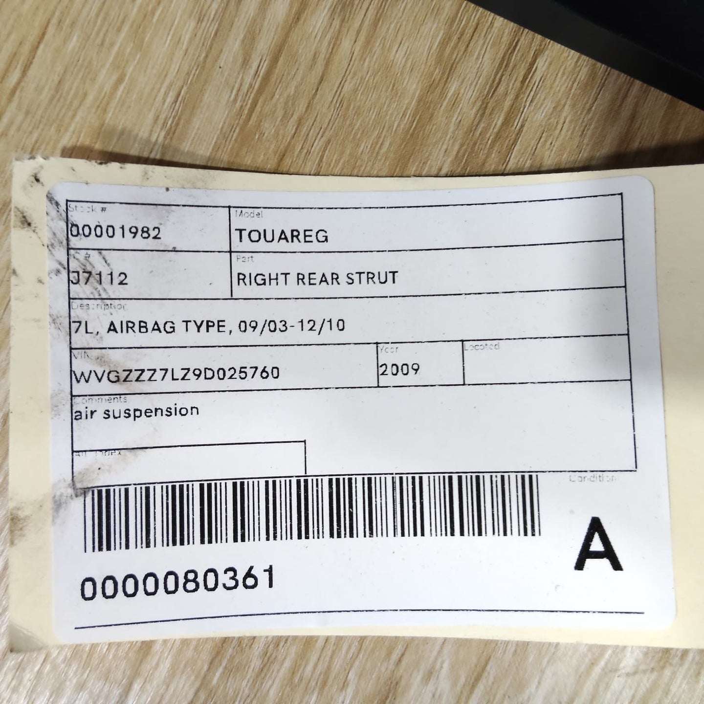 VOLKSWAGEN TOUAREG RIGHT REAR STRUT 7L, AIRBAG TYPE, PN 7L6616020E 09/03-12/10