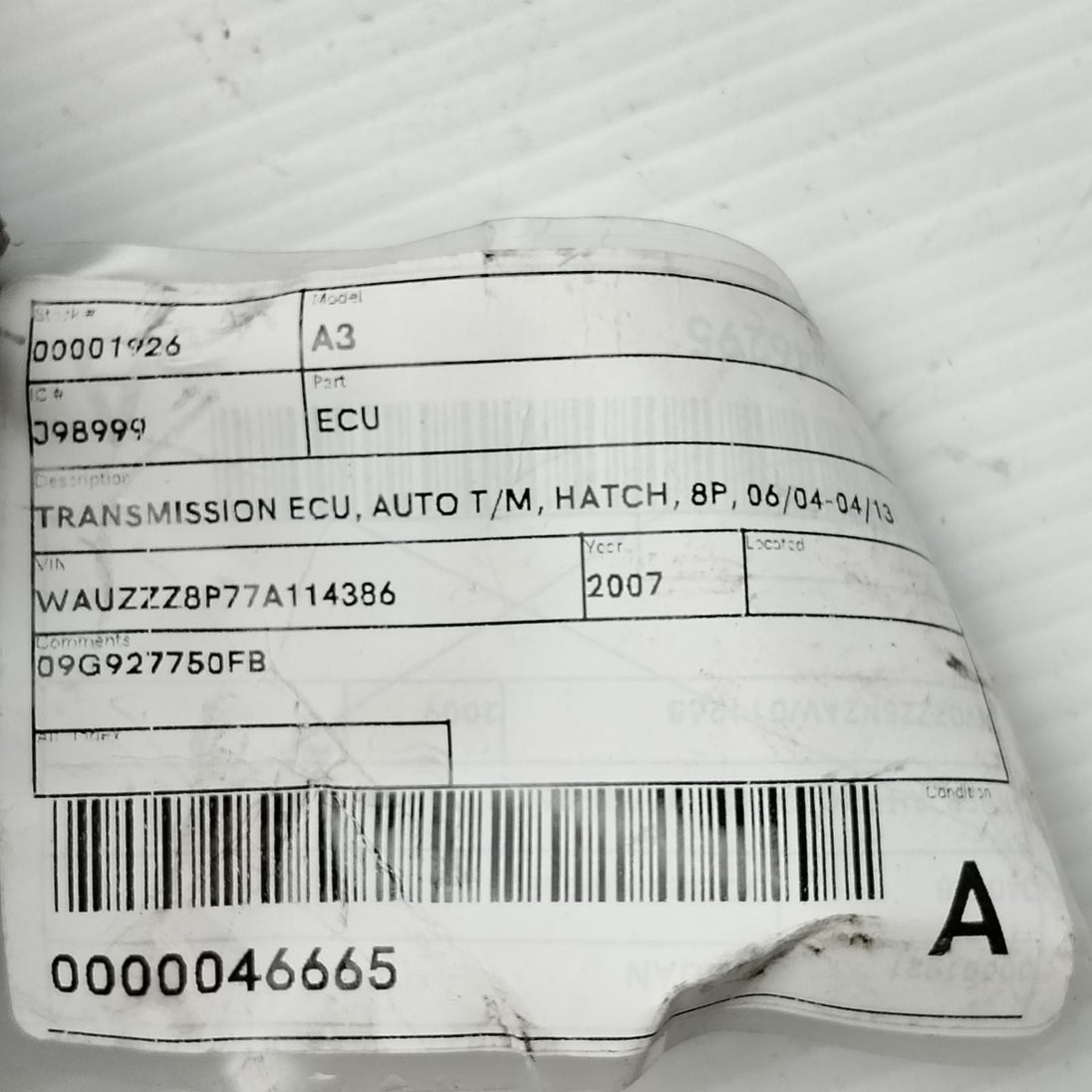 AUDI A3 ECU TRANSMISSION ECU, AUTO T/M, HATCH, 8P, 09G927750FB  06/04-04/13 