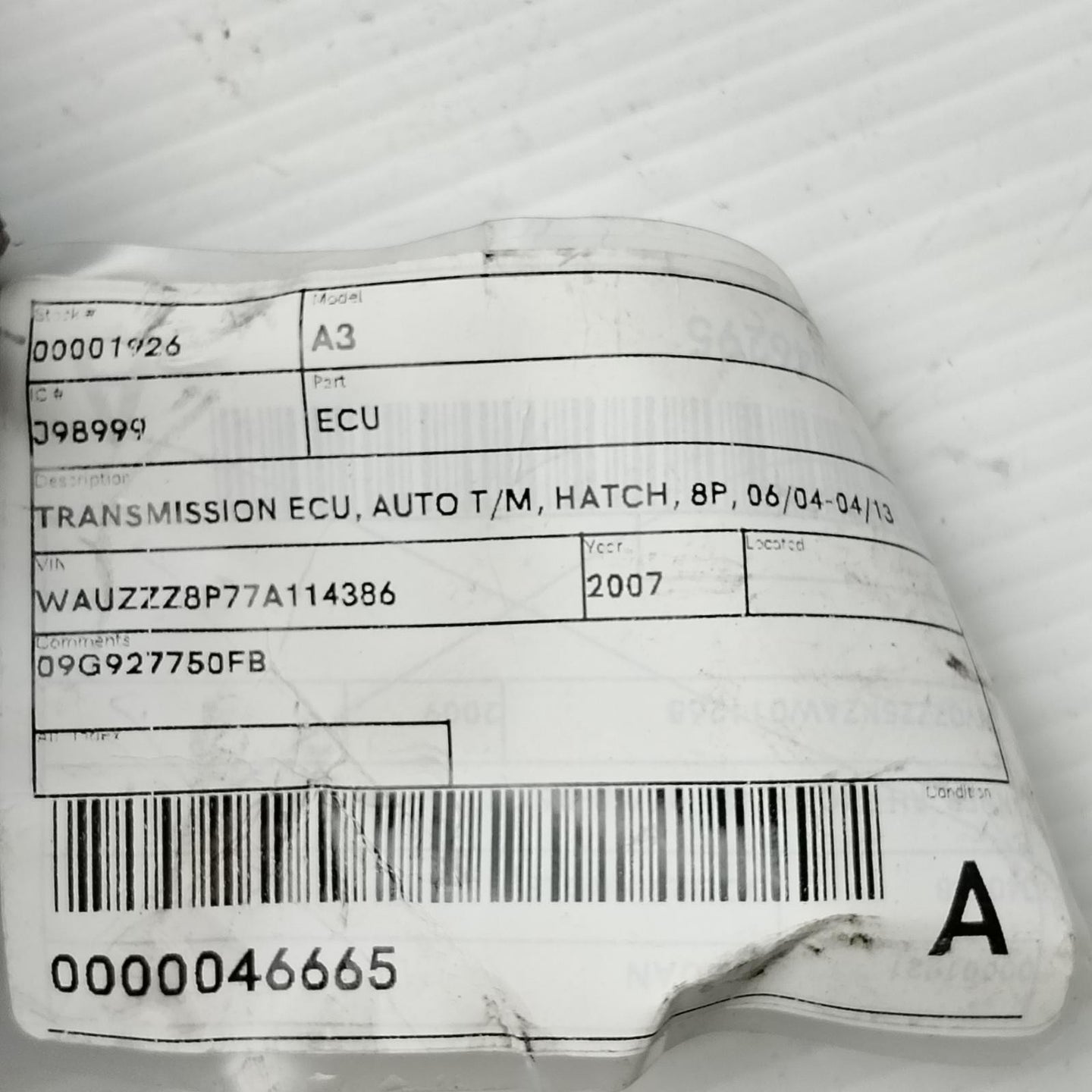 AUDI A3 ECU TRANSMISSION ECU, AUTO T/M, HATCH, 8P, 09G927750FB  06/04-04/13 