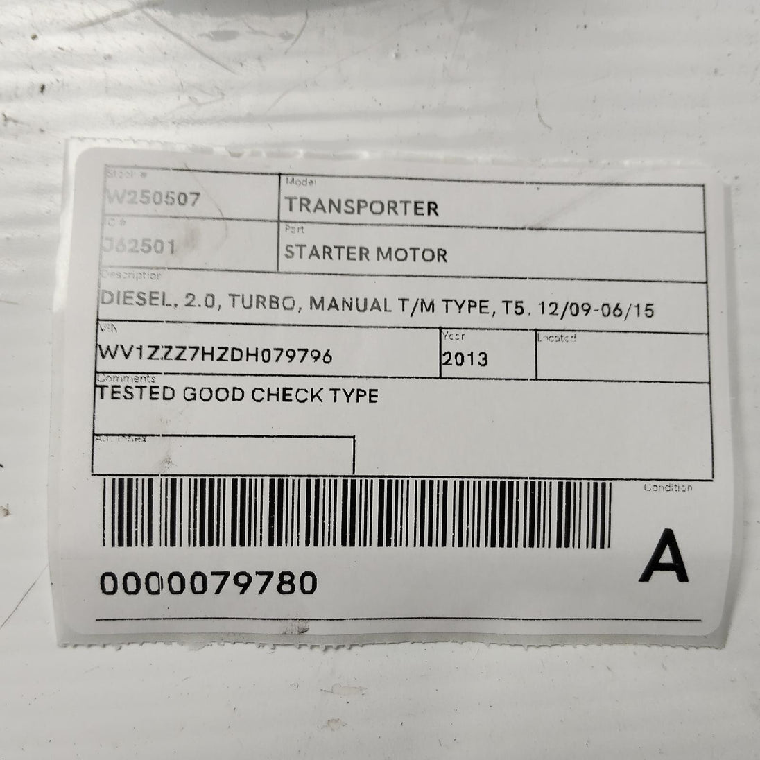 VOLKSWAGEN TRANSPORTER STARTER MOTOR DIESEL, 2.0, TURBO,02M911024 , T5, 12