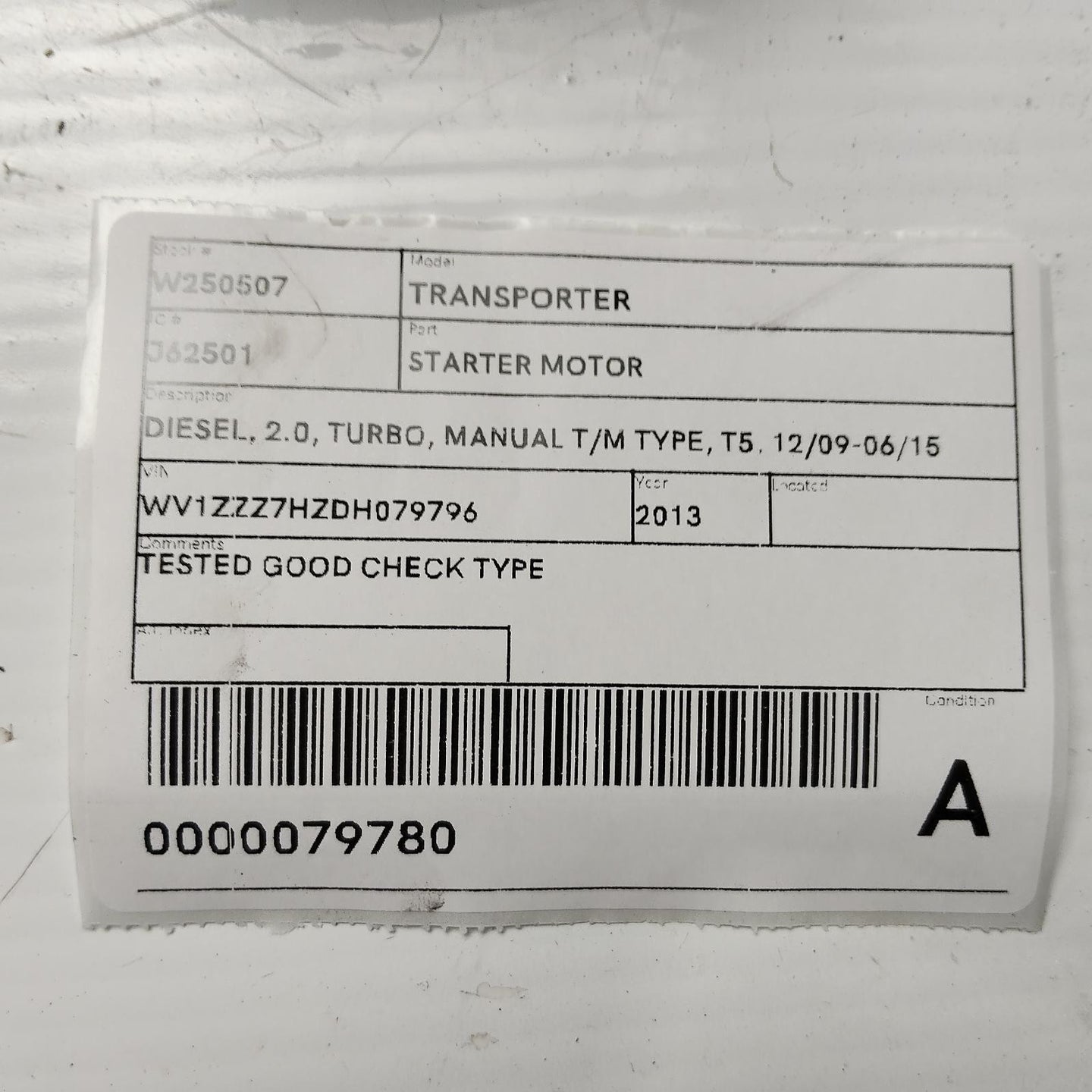 VOLKSWAGEN TRANSPORTER STARTER MOTOR DIESEL, 2.0, TURBO,02M911024 , T5, 12