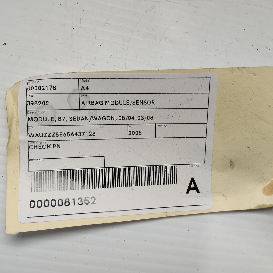 AUDI A4 A/ BAG MODULE/SENSOR MODULE, B7, 8E0959655G, 08/04-03/08 04 05 06 07 08