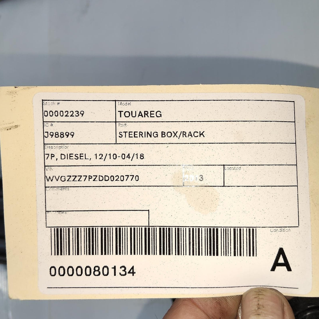 VOLKSWAGEN TOUAREG STEERING BOX/RACK 7P, DIESEL, 7P6422055G 12/10-04/18 