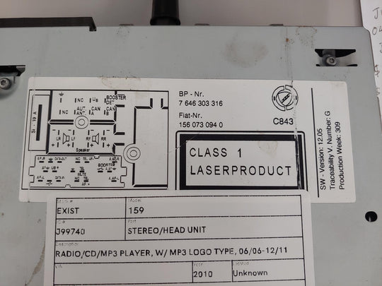 ALFA ROMEO 159 STEREO/HEAD UNIT RADIO/CD/MP3 PLAYER, W/ MP3 LOGO TYPE, 06/06-12/