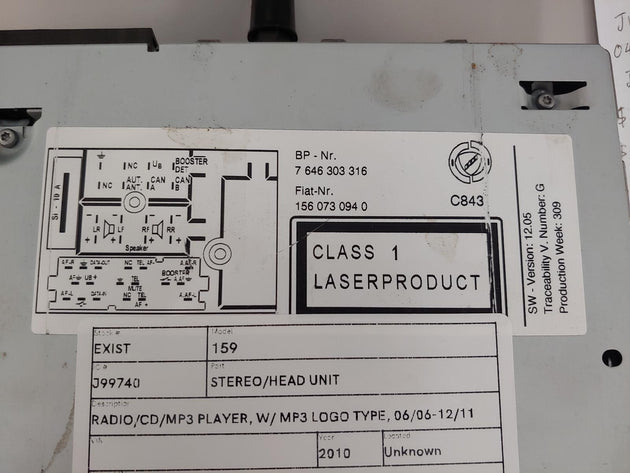 ALFA ROMEO 159 STEREO/HEAD UNIT RADIO/CD/MP3 PLAYER, W/ MP3 LOGO TYPE, 06/06-12/