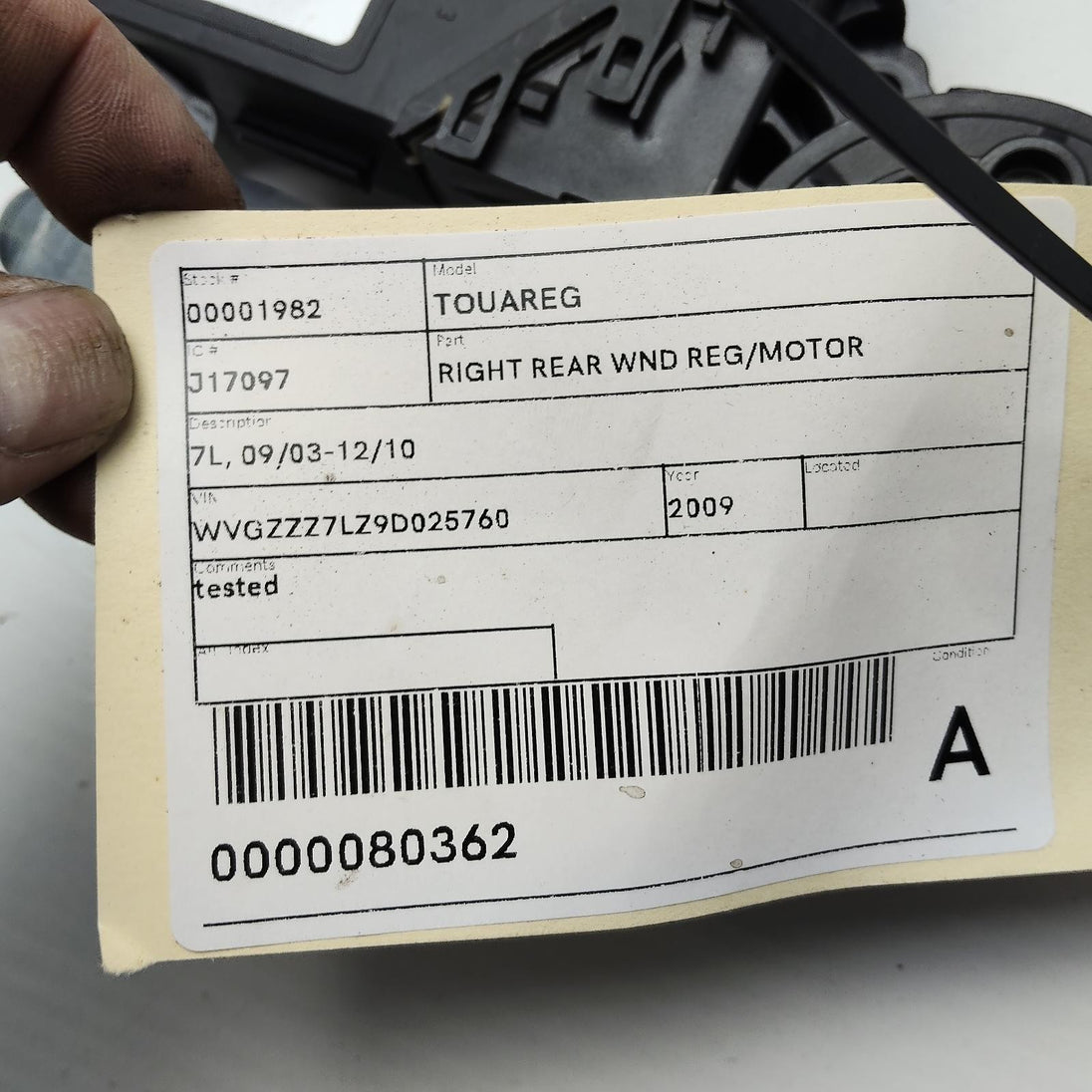 VOLKSWAGEN TOUAREG RIGHT REAR WND REG/MOTOR 7L, PN 3D0959794F 09/03-12/10 