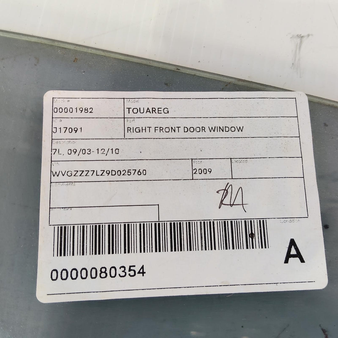 VOLKSWAGEN TOUAREG RIGHT FRONT DOOR WINDOW 7L, 09/03-12/10 03 04 05 06 07 08 09 