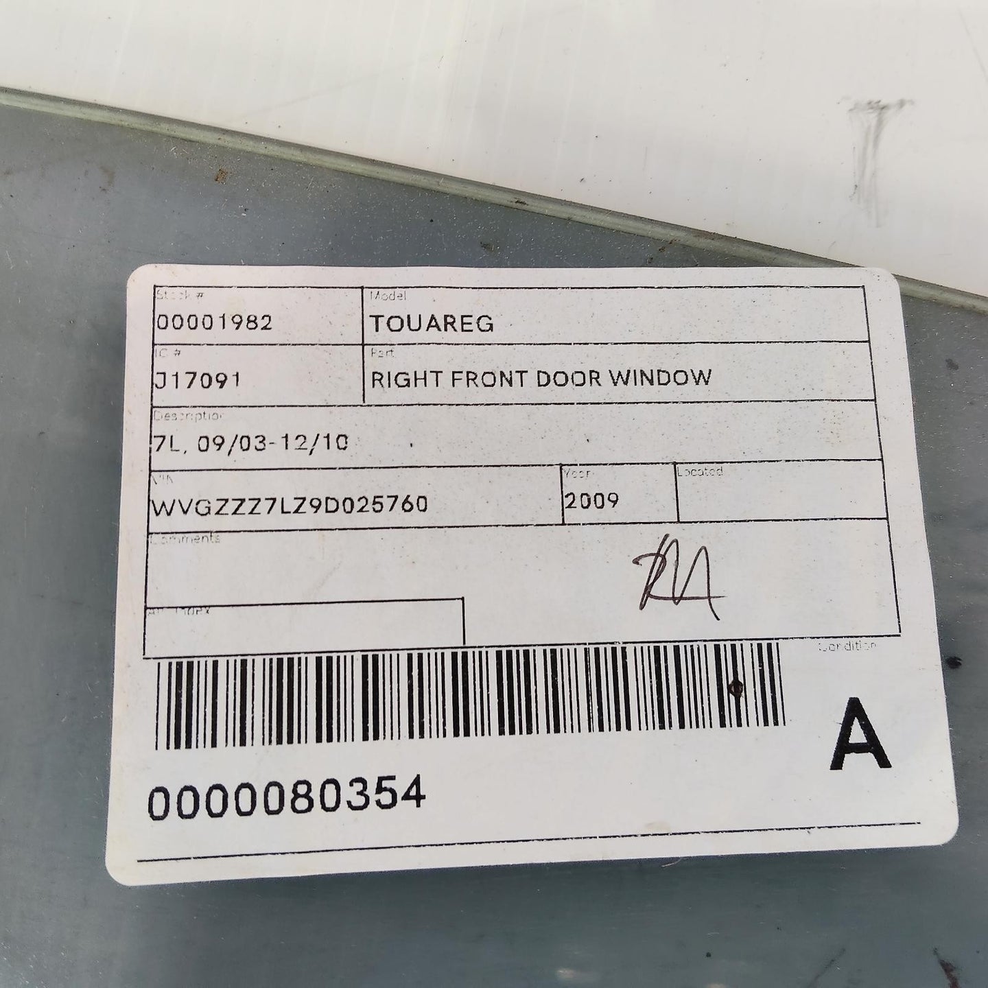 VOLKSWAGEN TOUAREG RIGHT FRONT DOOR WINDOW 7L, 09/03-12/10 03 04 05 06 07 08 09 