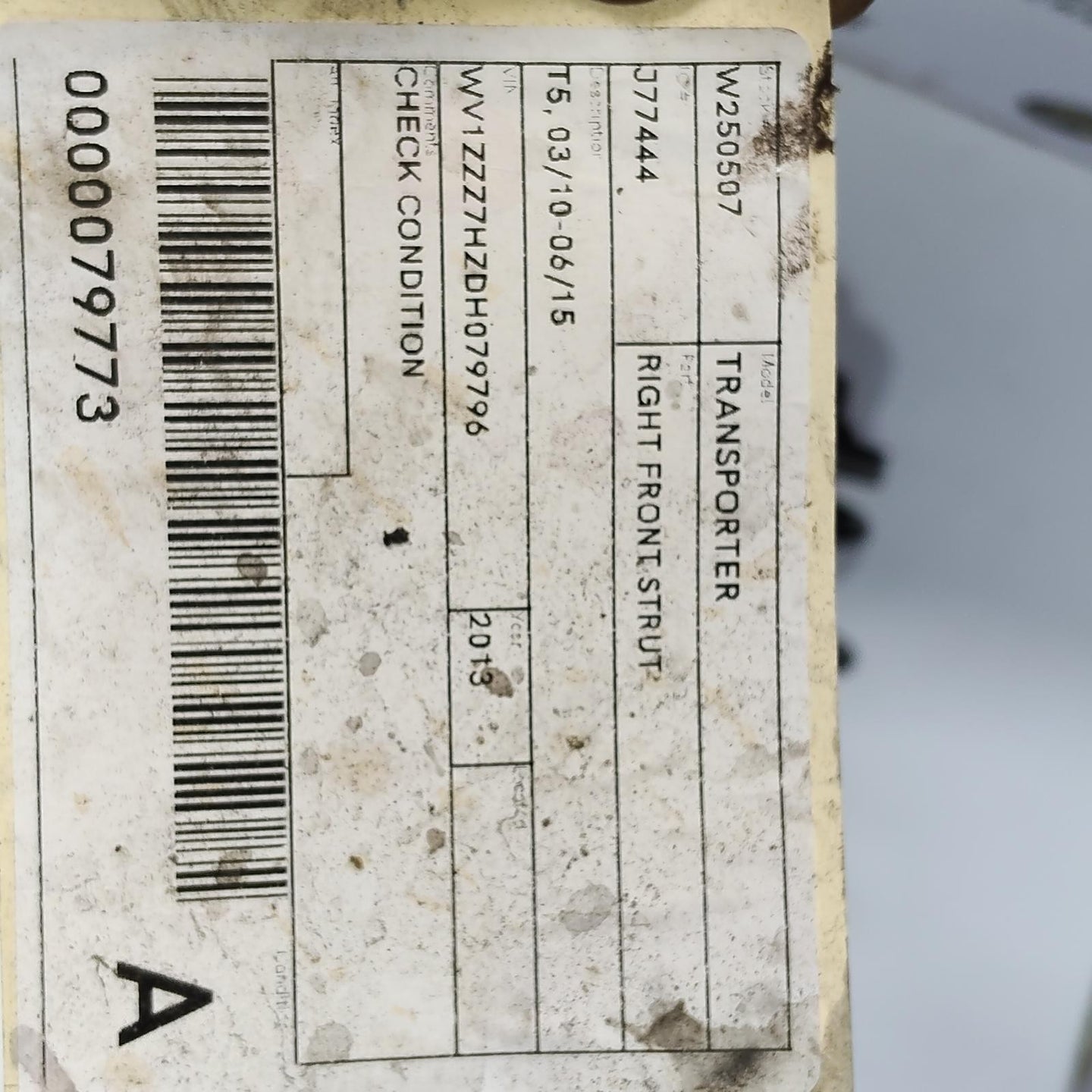 VOLKSWAGEN TRANSPORTER RIGHT FRONT STRUT T5, 03/10-06/15 10 11 12 13 14 15