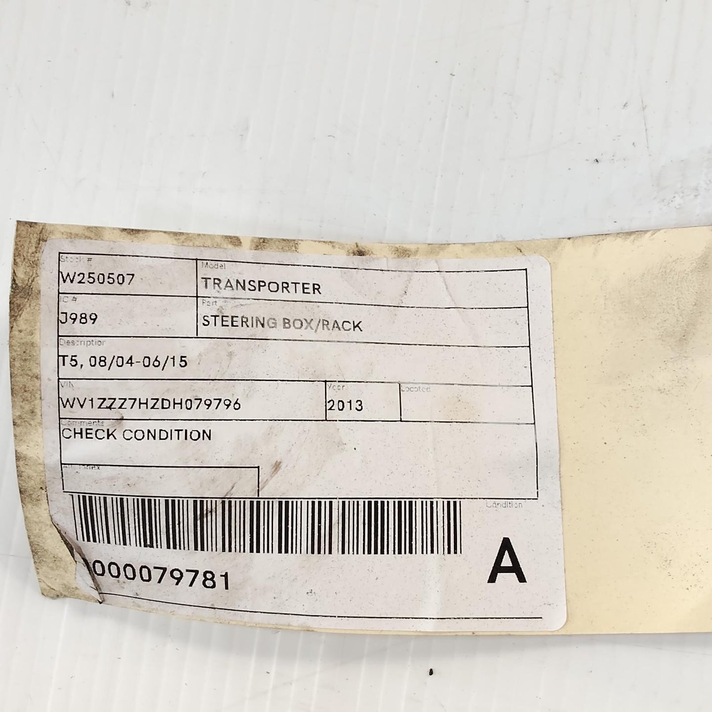 VOLKSWAGEN TRANSPORTER STEERING BOX/RACK T5, 08/04-06/15 7853974558