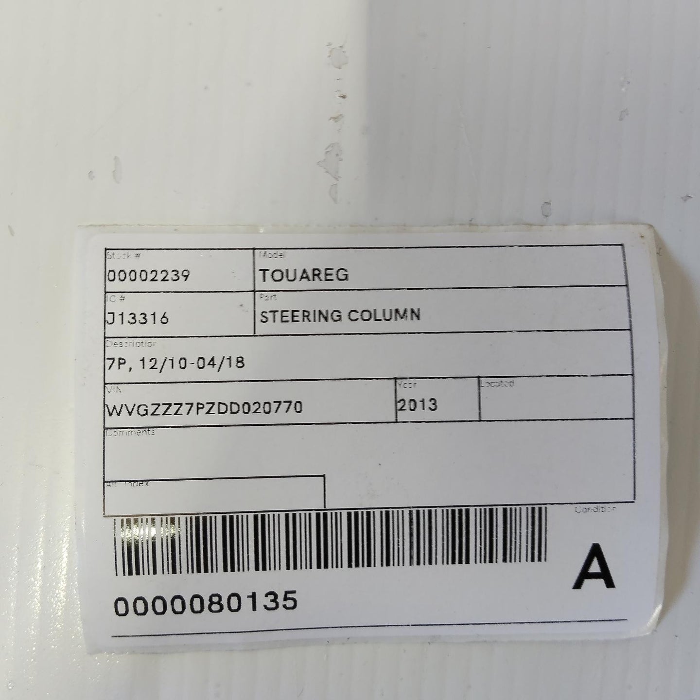 VOLKSWAGEN TOUAREG STEERING COLUMN 7P,7P6416501BN, 12/10-04/18